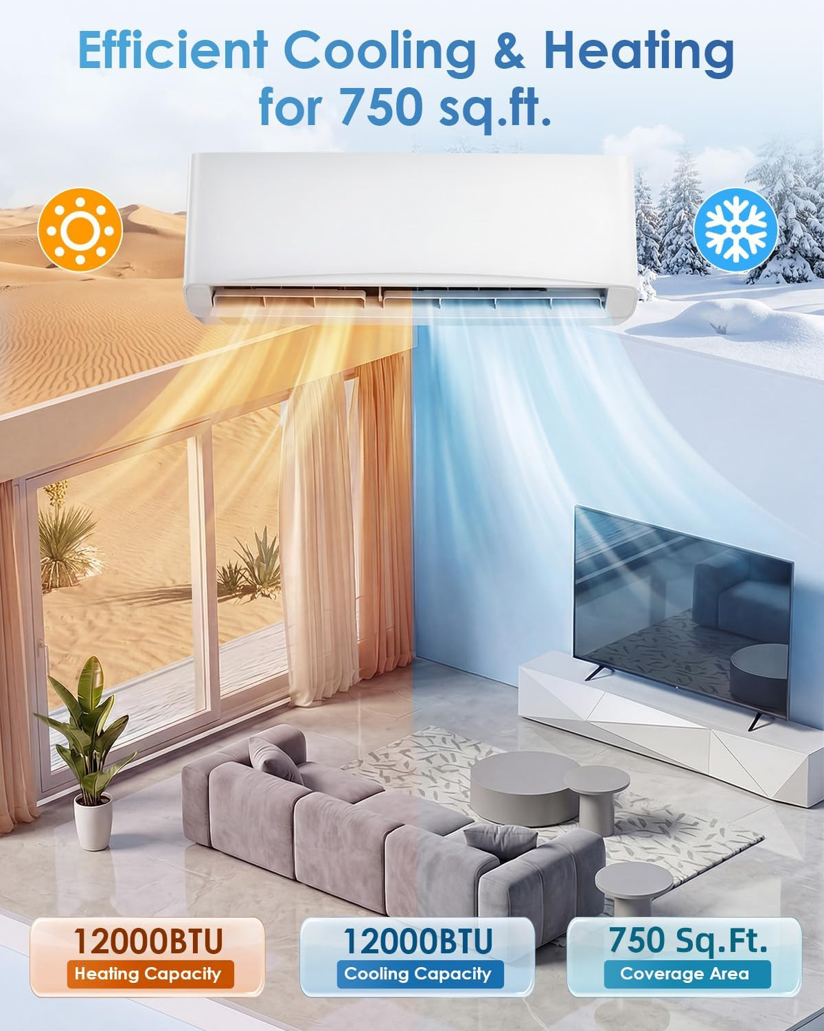12000 BTU Mini Split AC, Wall Air Conditioner w/Heating Pump, WiFi & App Enabled