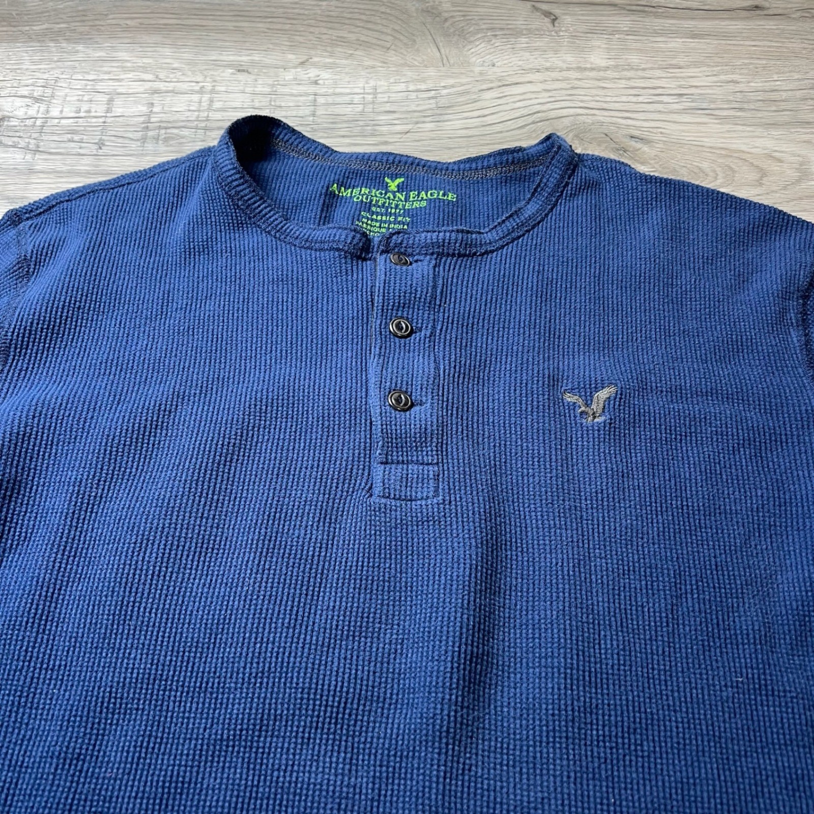 American Eagle Henley Mens Large Blue Waffle Knit Long Sleeve Thermal Shirt gallery
