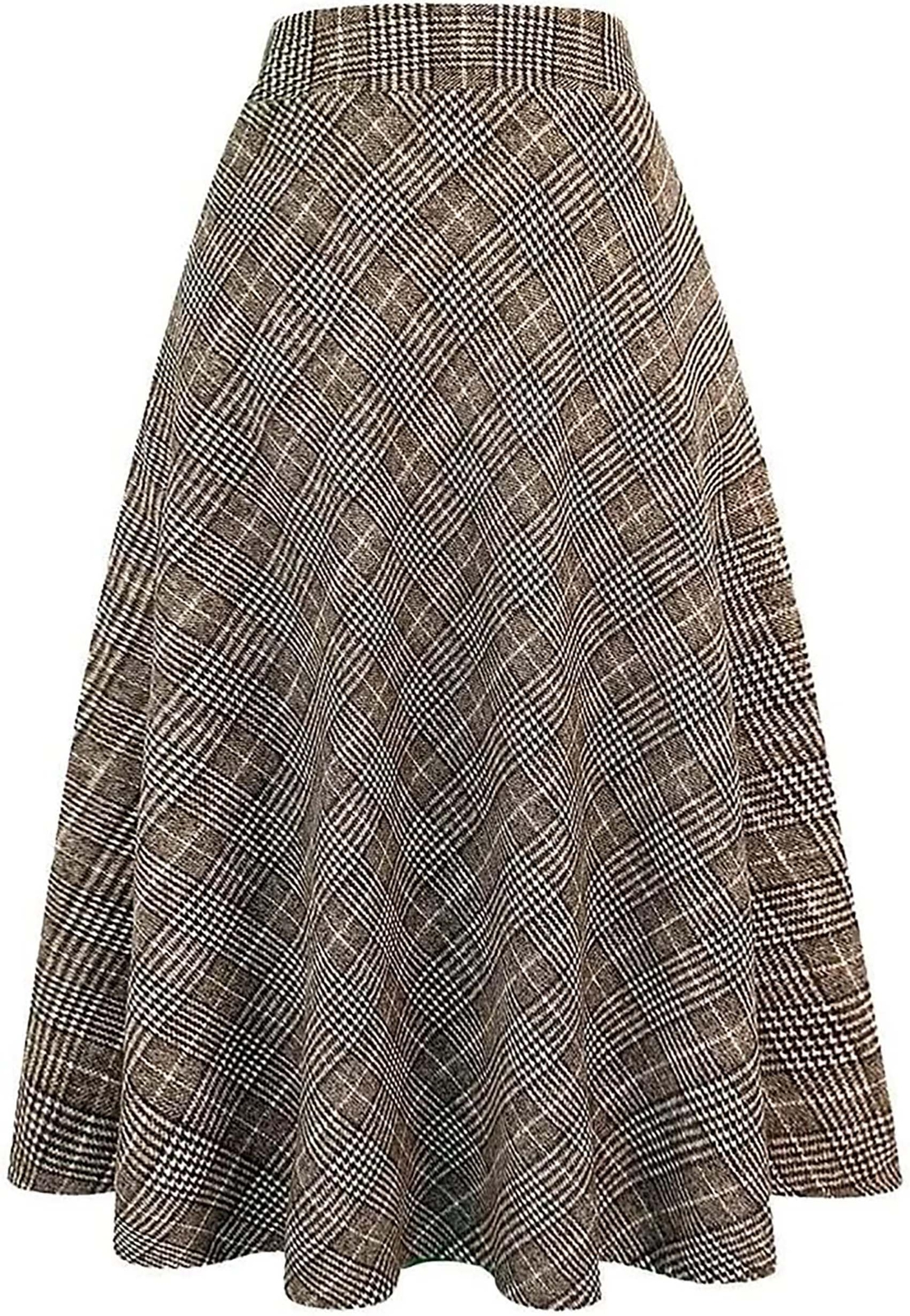 Women’s Long Plaid Wool Skirt High Waist A-Line Pleated Tartan Winter Skirt