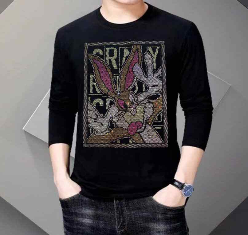 New Men Fashion Diamond Rhinestones Bunny Rabbit Luxury Black Long T-Shirt gallery