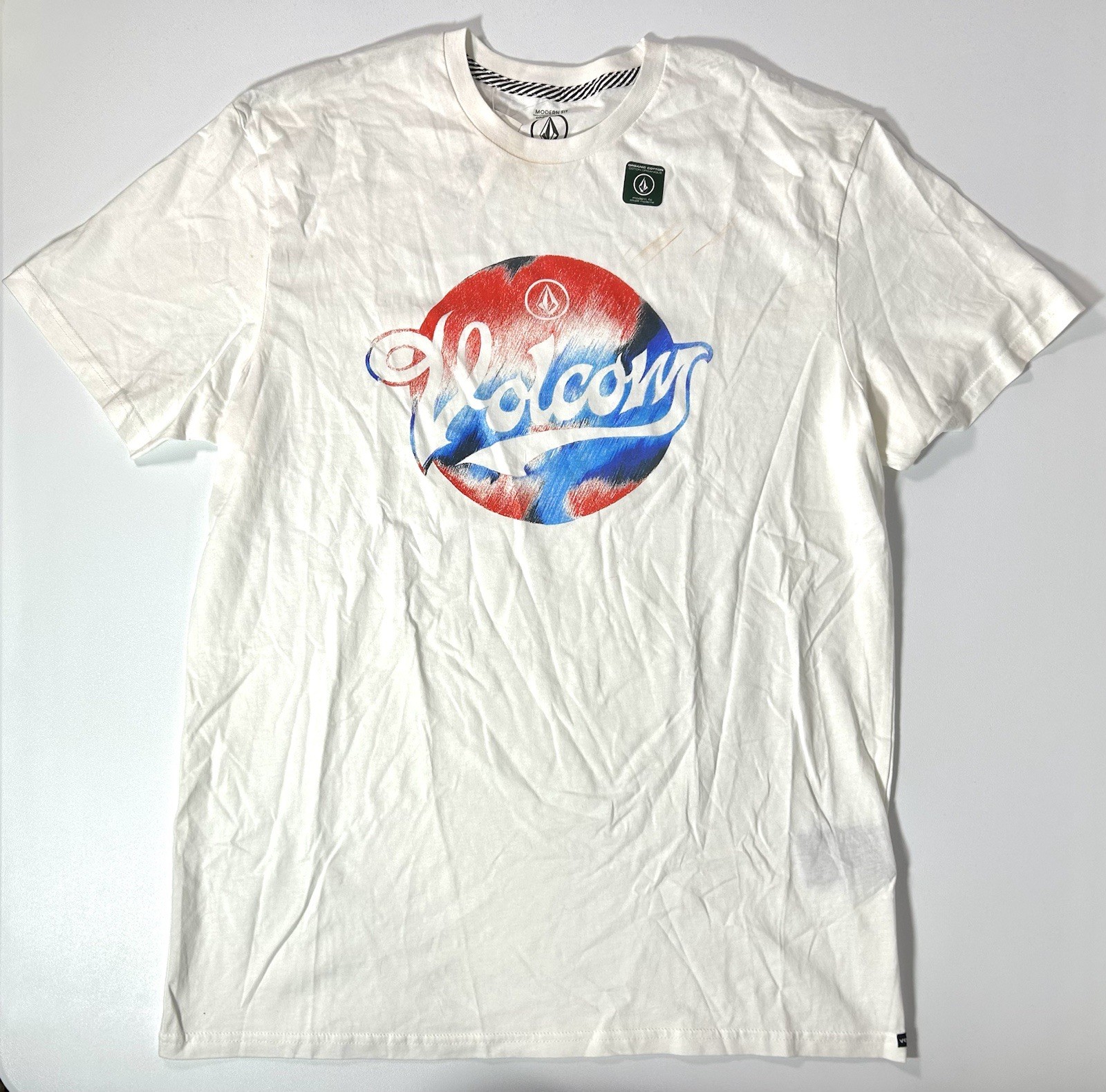 (See Pics) L Volcom Electrode Circle Logo White Red Blue Surf Shirt gallery