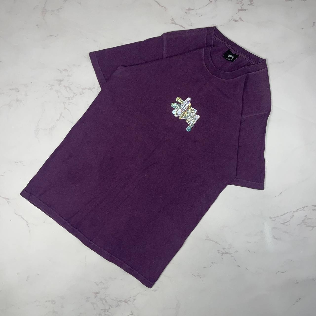 Vintage STUSSY T-Shirt Purple Glitter Logo Y2K Casual Tee Size S gallery