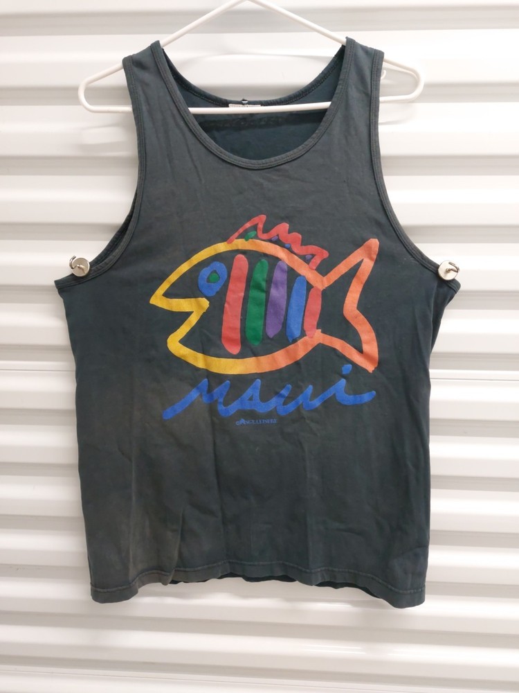 Vtg SGT. LEISURE MAUI Script Logo Black Tank No Sleeve T Shirt Large L USA