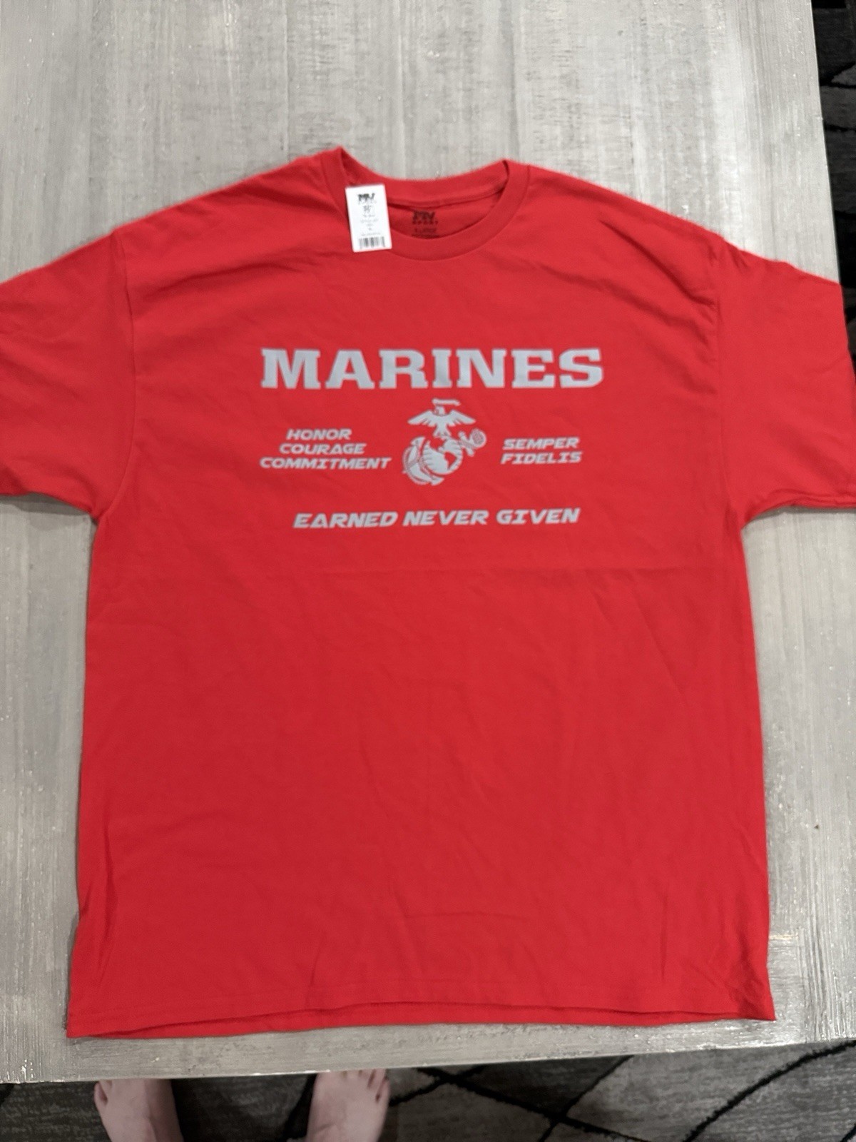 USMC “MARINES - EARNED NEVER GIVEN” Red T-Shirt - Size XL - by MV Sport - NWT! gallery