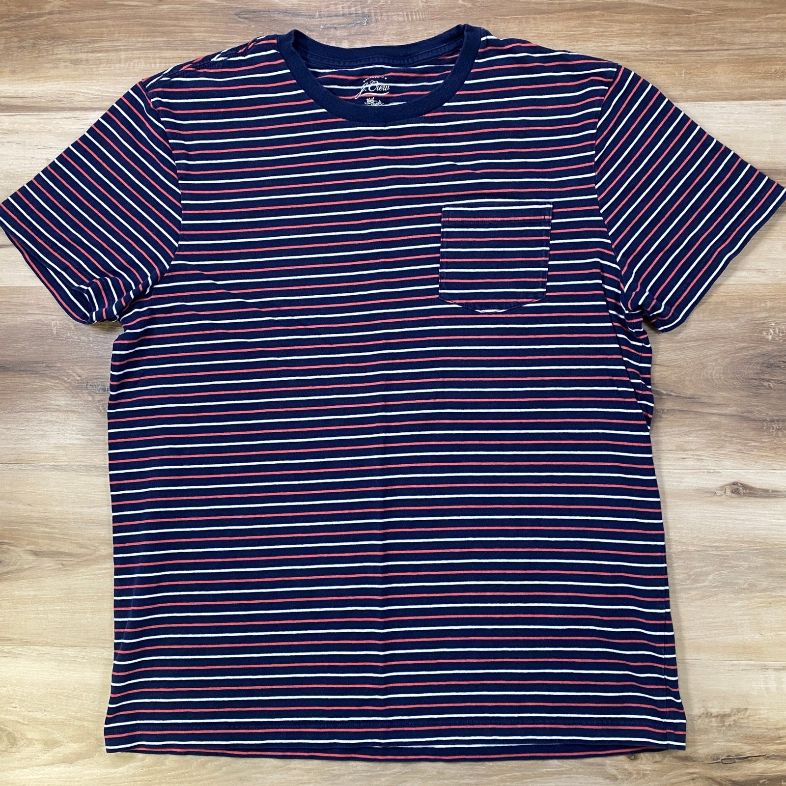 J.Crew Pocket Tee Mens Large Striped Cotton Classic Navy Blue White Red Heritage