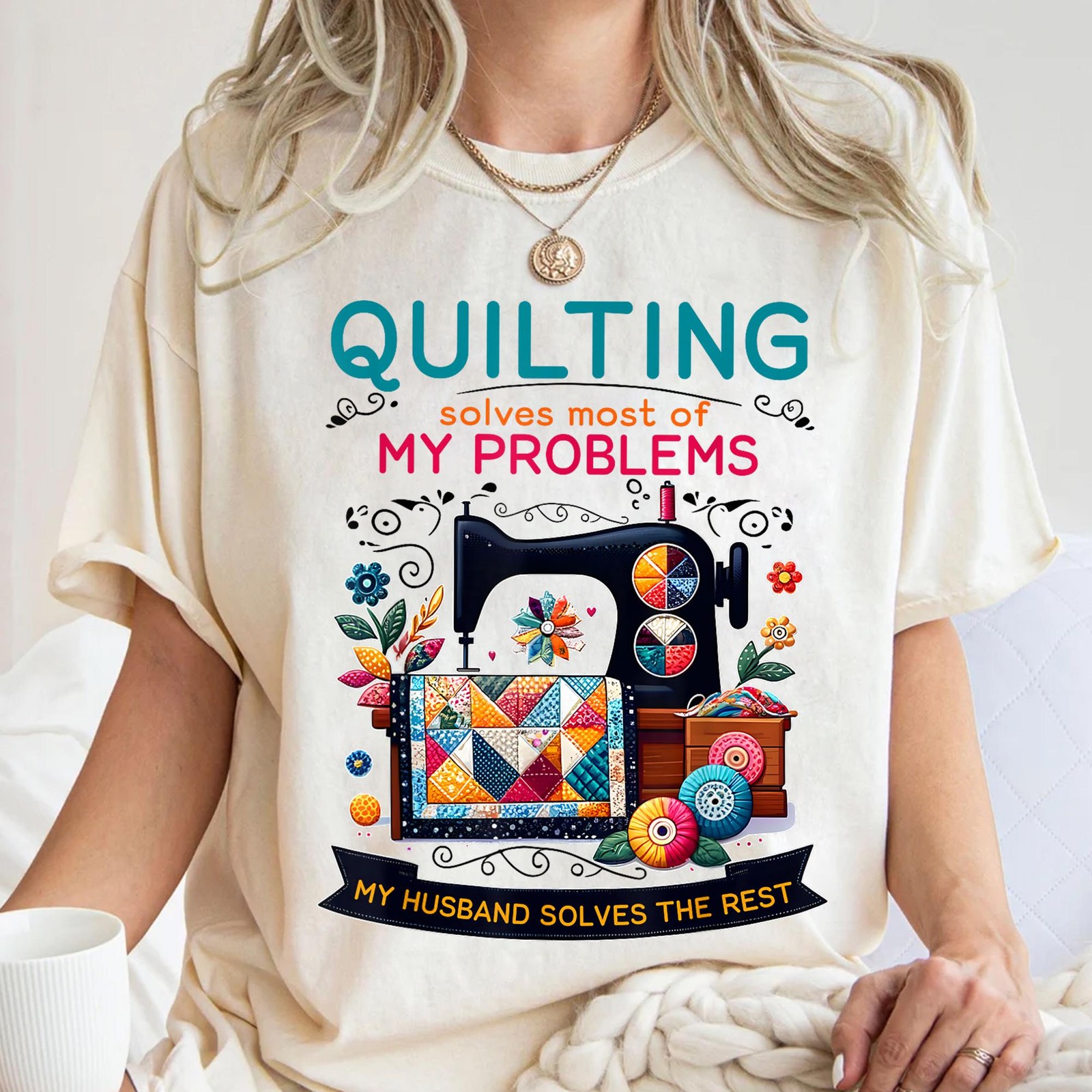 Quilting Solves Most of My Problems Funny Quilting T-Shirt Gift Women gallery