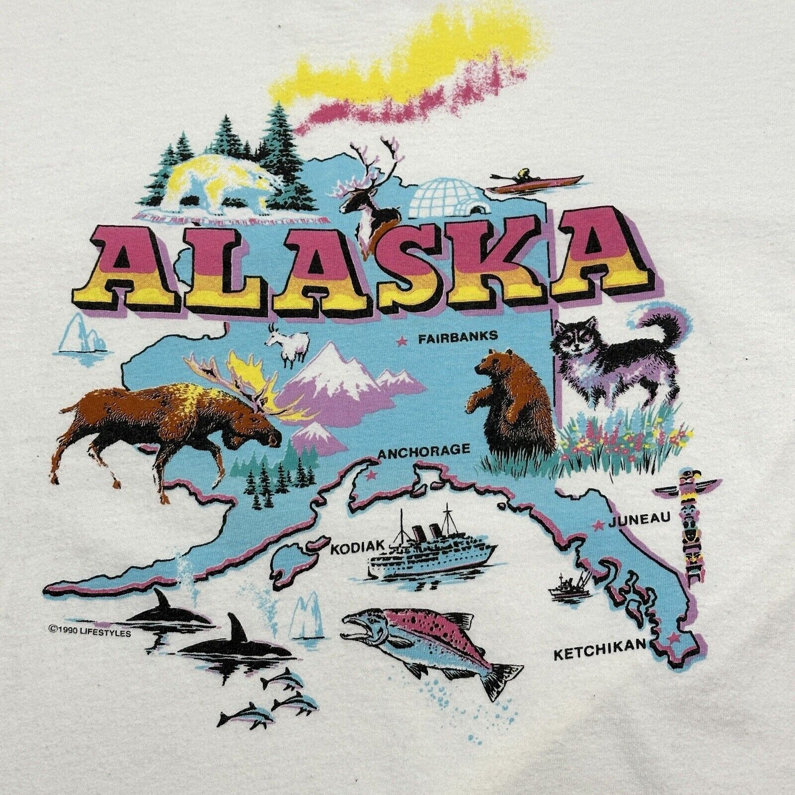 Vintage Lifestyles Shirt Mens Large White Alaskan Wildlife Colorful Nature 90s gallery