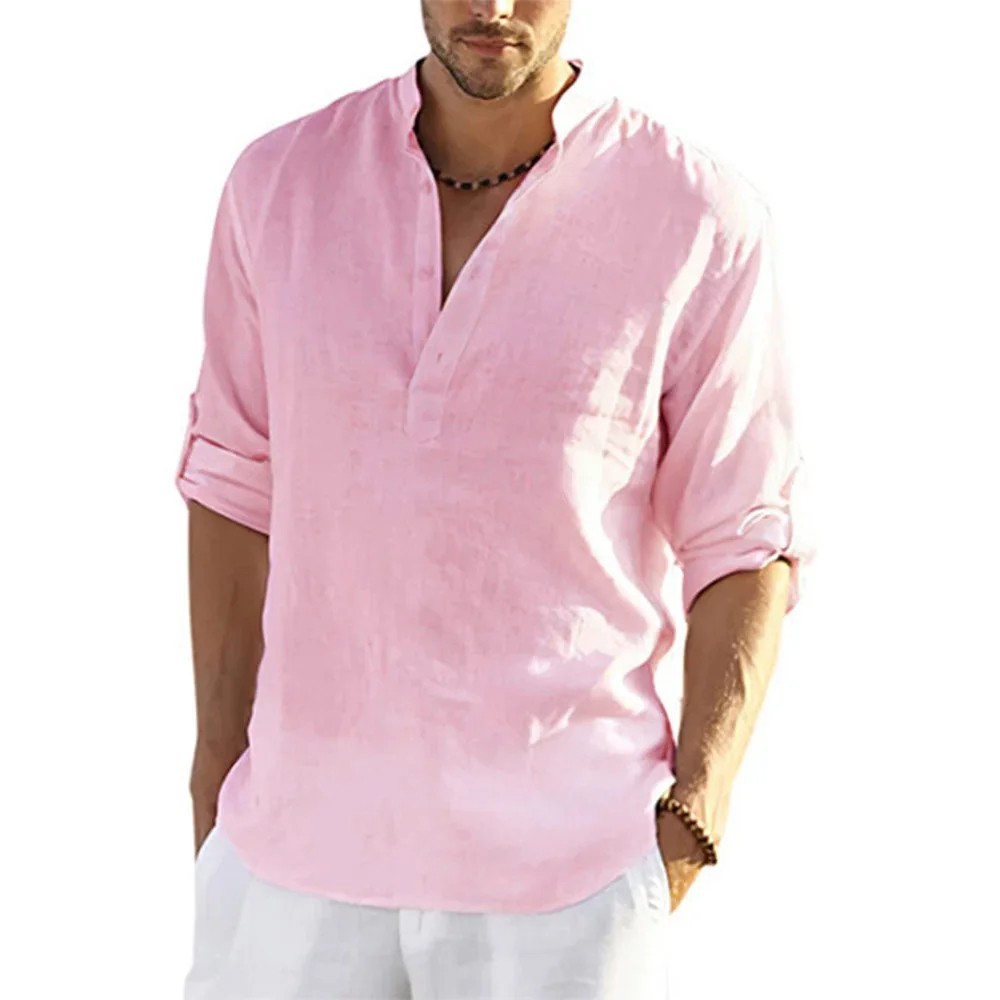 Men's Cotton Linen Henley Long Sleeve Shirt Casual Beach T-shirt Tee Summer Gift gallery