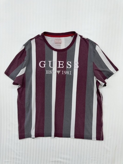 Guess Boys T Shirt XL Burgundy Gray White Striped Logo Graphic