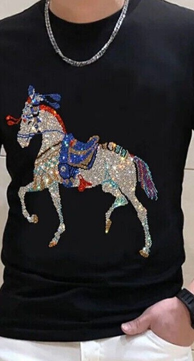 New Men Luxury Horse Rhinestones Fashion Black Long T-Shirt High Quality gallery