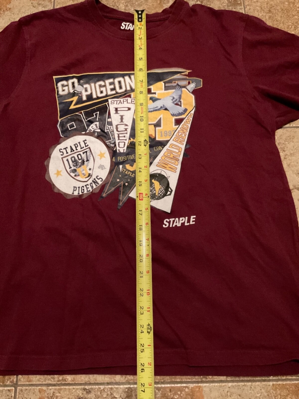 STAPLE PIGEON 1997 VARSITY GRAPHIC T-SHIRT ( MENS LARGE) BURGUNDY PREOWNED gallery