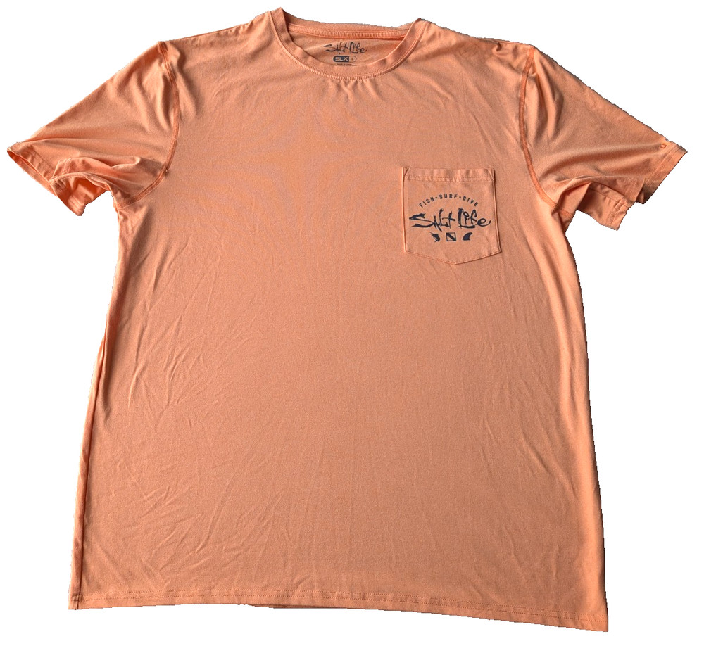 Salt Life Fish Surf Dive Live Salty Pocket T-Shirt Peach Orange Large UV Vapor