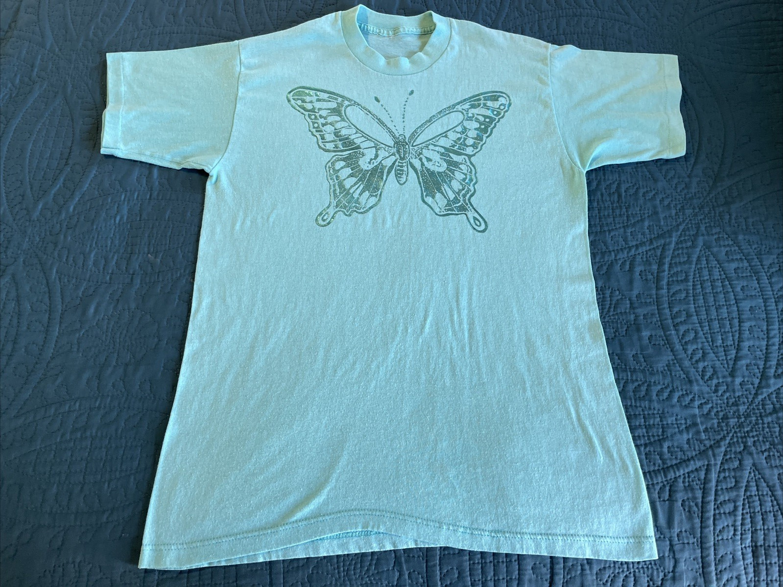 VTG 90s crewneck T-shirt, butterfly graphic, teal green, medium gallery