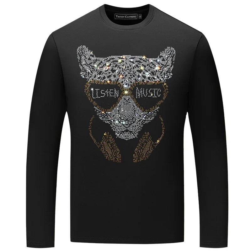 Fashion Leopard Trend Rhinestone Long Sleeve Luxury Men T-Shirt Plus Size 6XL gallery