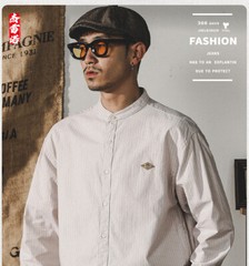 Spring Retro Stand Collar Striped Shirt Mens Long-sleeved Loose Shirt Jacket