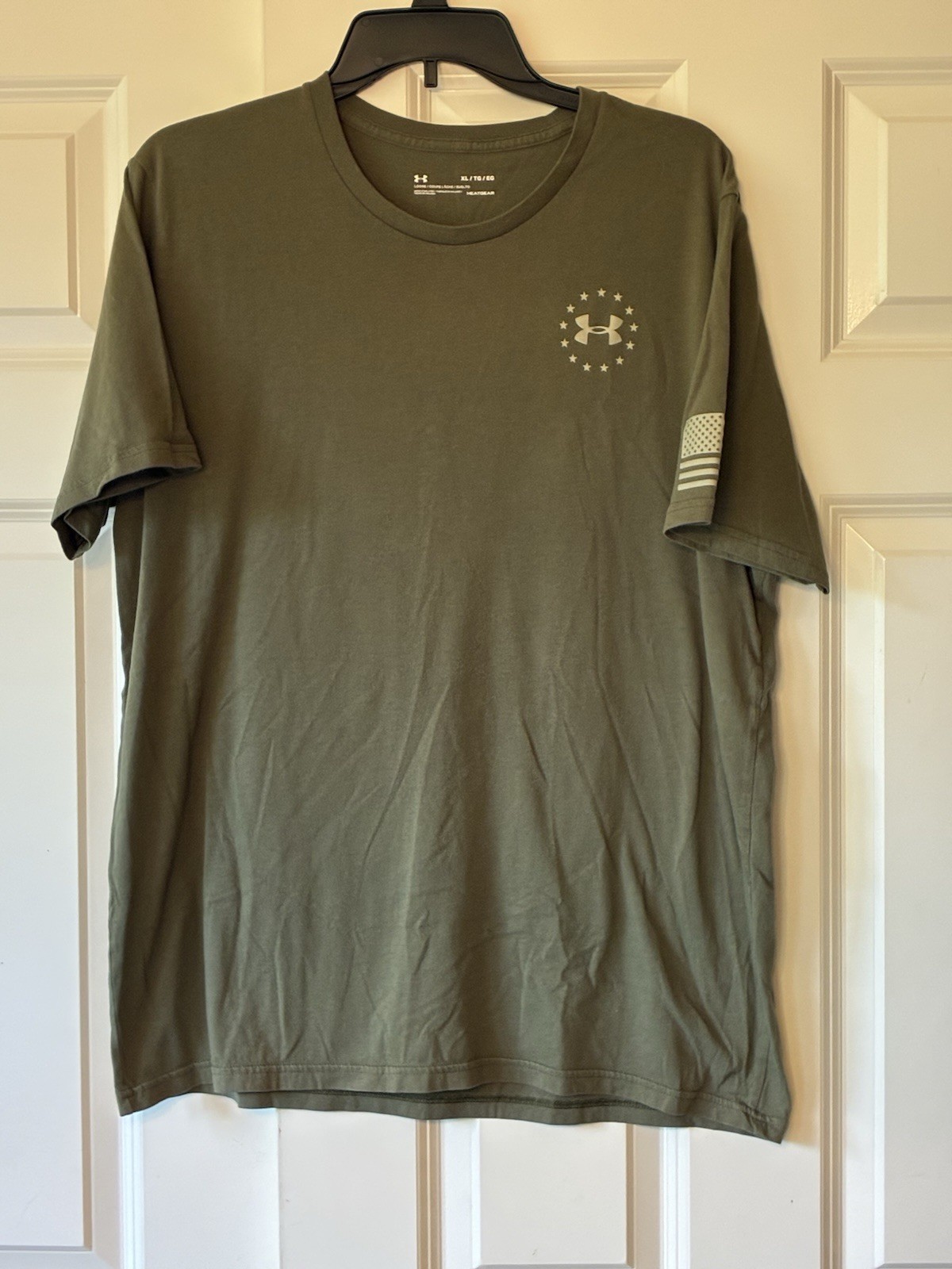 Under Armour Heat Gear Casual T Shirt Men XL FREEDOM USA Flag Green Grey gallery