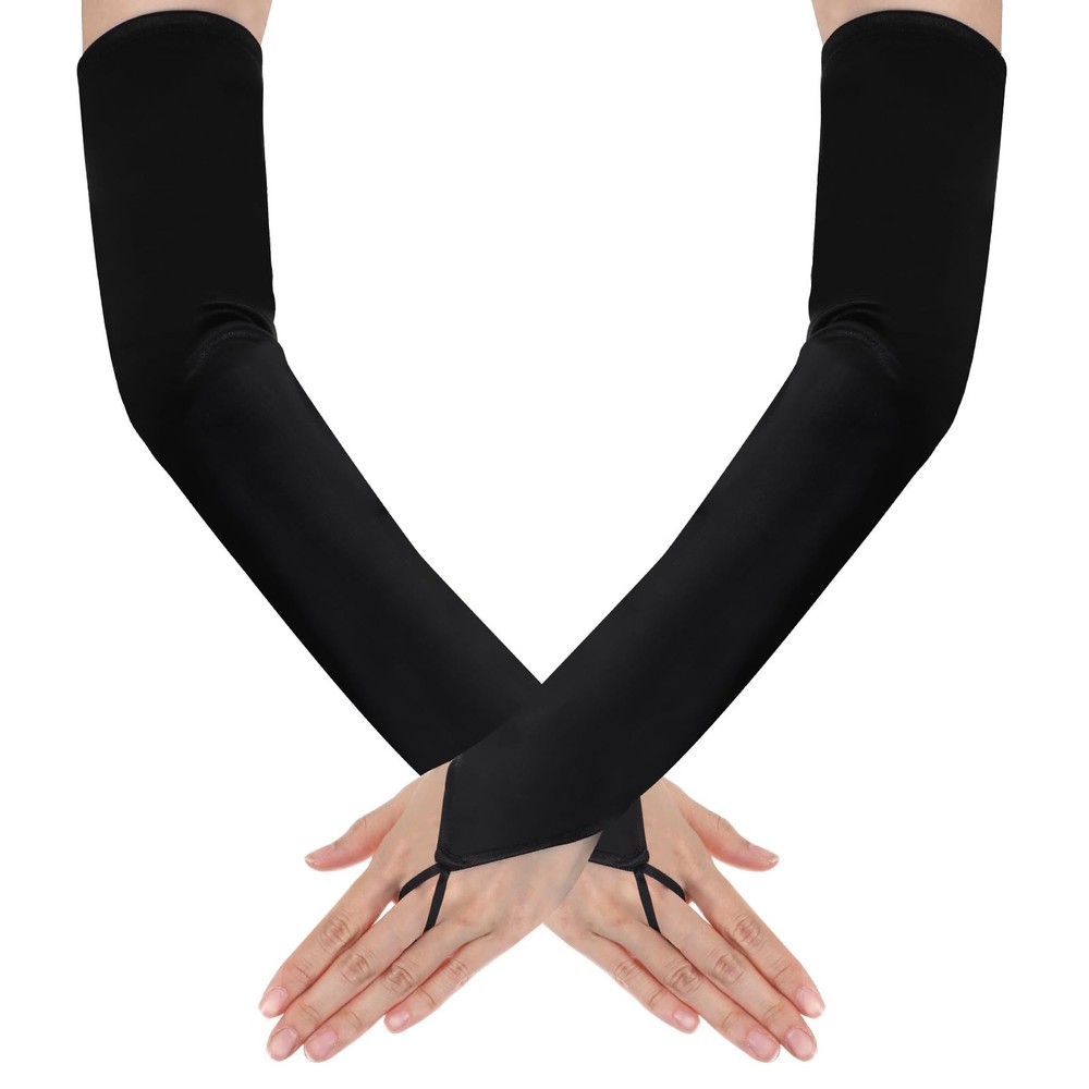 oruola Long Fingerless Gloves,Black Satin Gloves for Bridal Wedding Party Goth