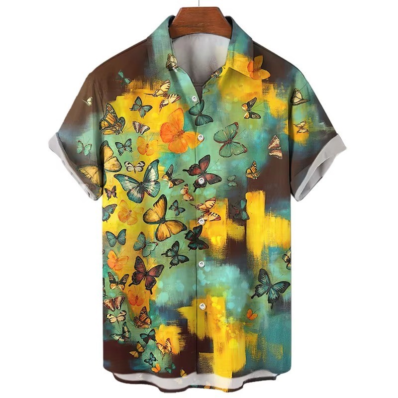 Mens Button Down Abstract Butterfly Colorful Hawaiian Top Novelty Summer Shirt gallery