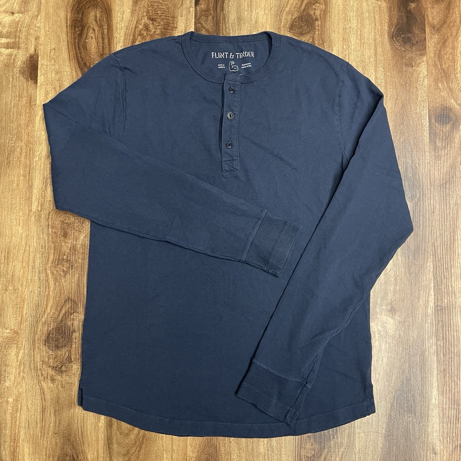 Flint & Tinder Mens Medium Long Sleeve Henley Shirt Ribbed Cuff Blue Made In USA gallery