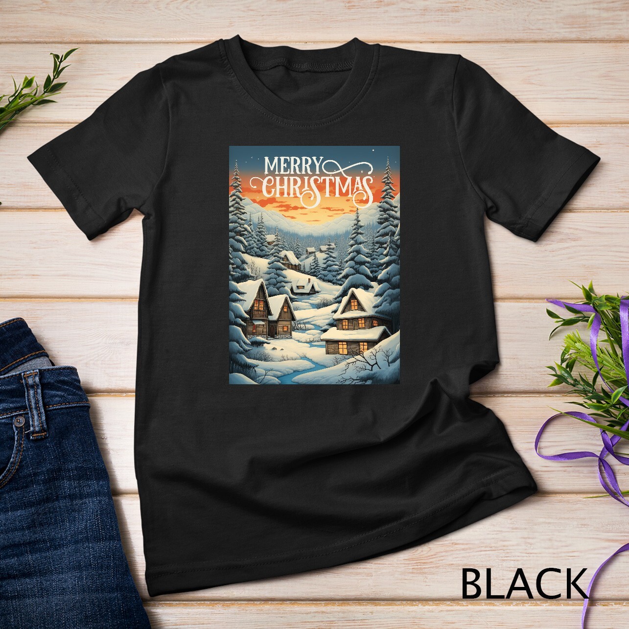 Christmas Church in the Mountains A Peaceful Scene #2 Funny Unisex T-shirt gallery