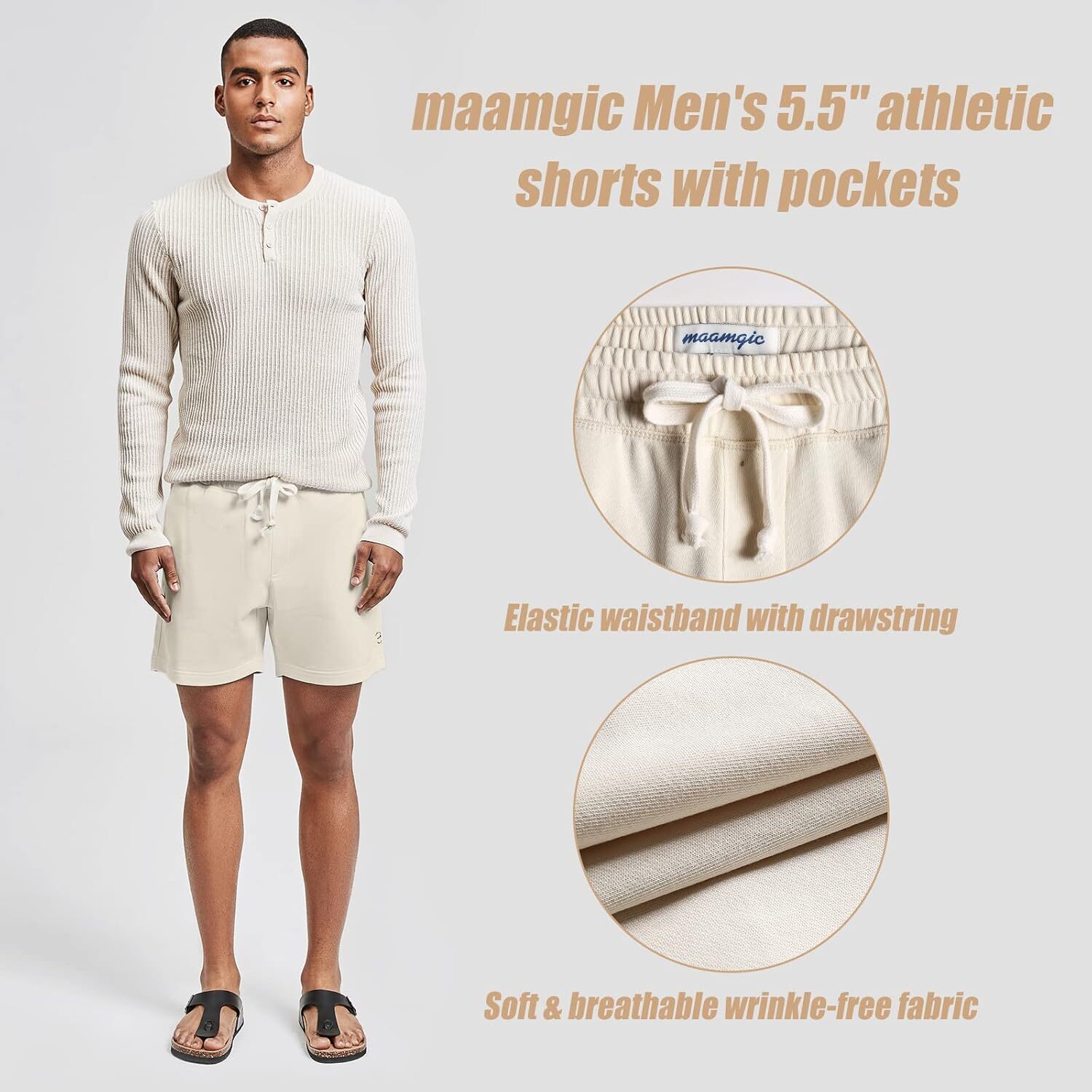 maamgic Mens Athletic Gym Shorts 5.5" Elastic Waist Casual Large, Ivory gallery