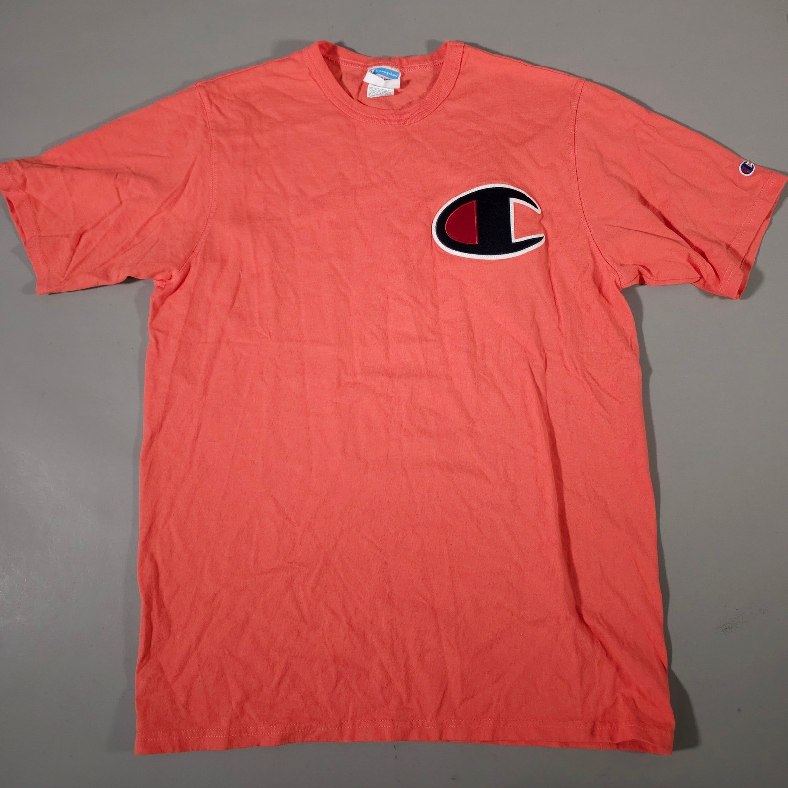 Champion T-Shirt Mens XL Pink Big C Chenille Logo Patch Short Sleeve Tee