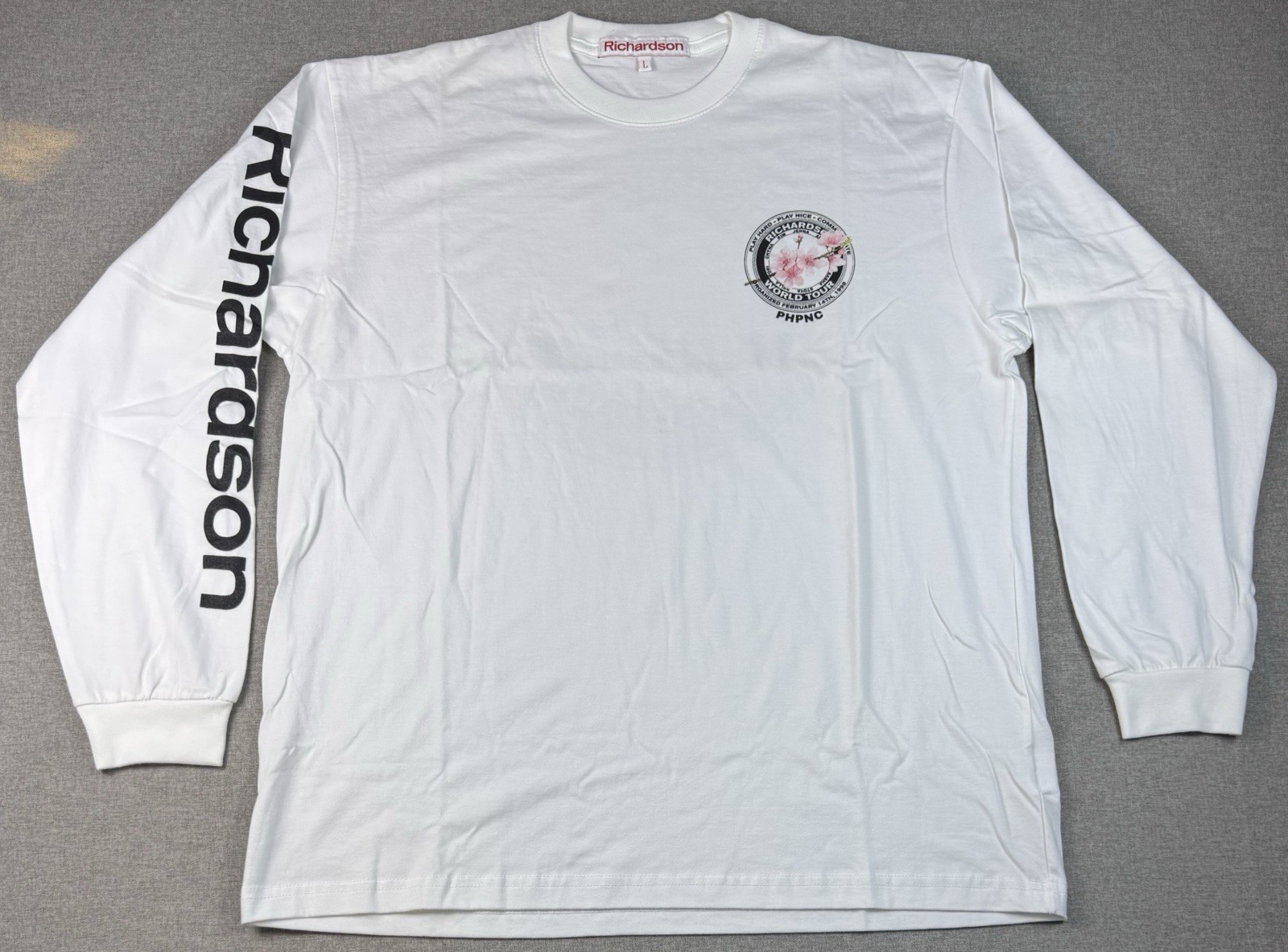 Richardson World Tour Long Sleeve Tee White Cherry Blossom Graphic Size L gallery