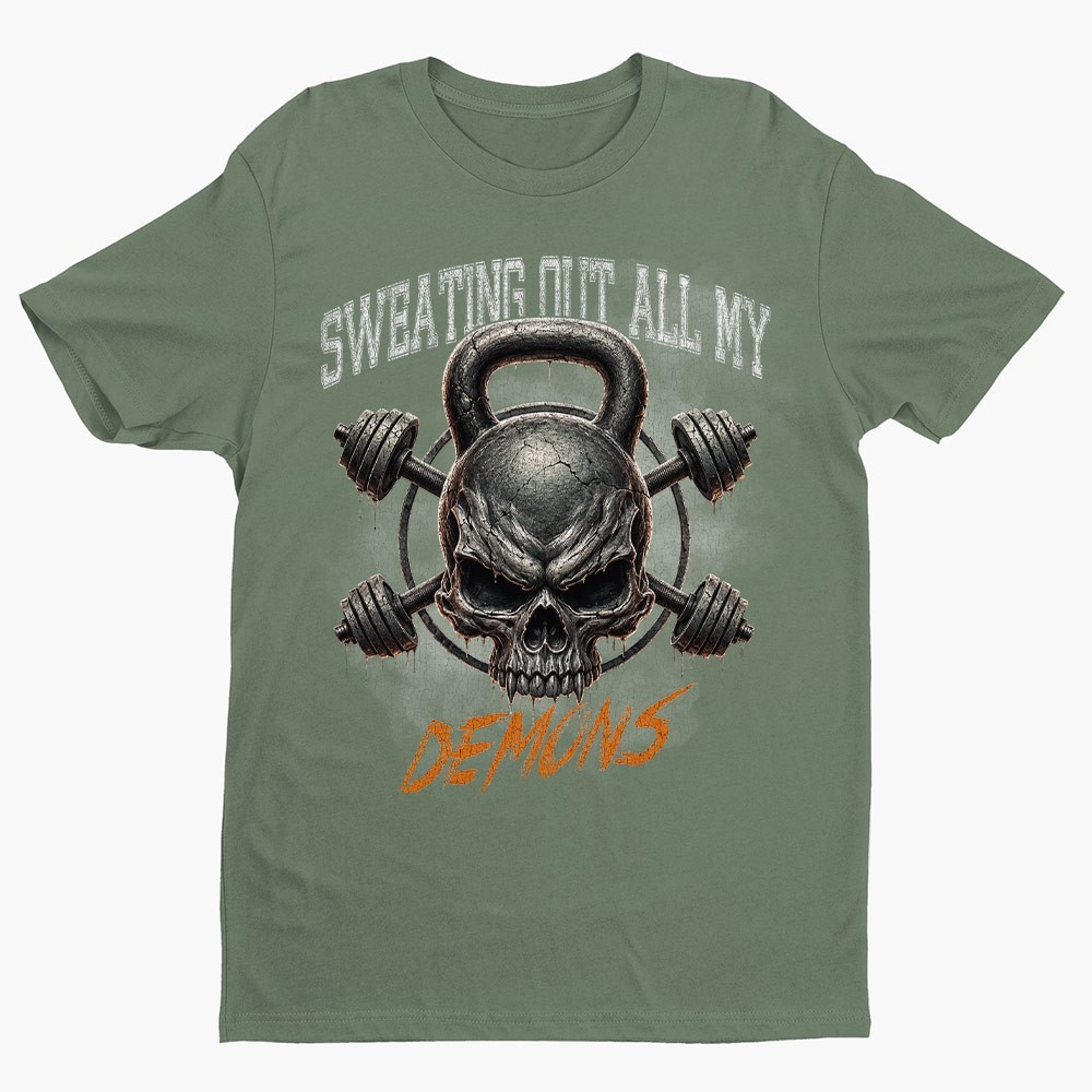Retro Sweating Out My Demons Unisex T-shirt | Gym Skull Lover Gifts for Men gallery
