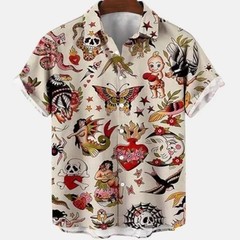 Mens Button Down Brown Teal Tribal Fish Mai-Tai Hawaiian Top Summer Shirt