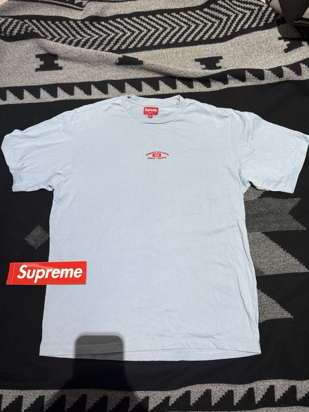 Supreme World Famous S/S Top. Men’s Size Medium. Light Blue. 2021 gallery