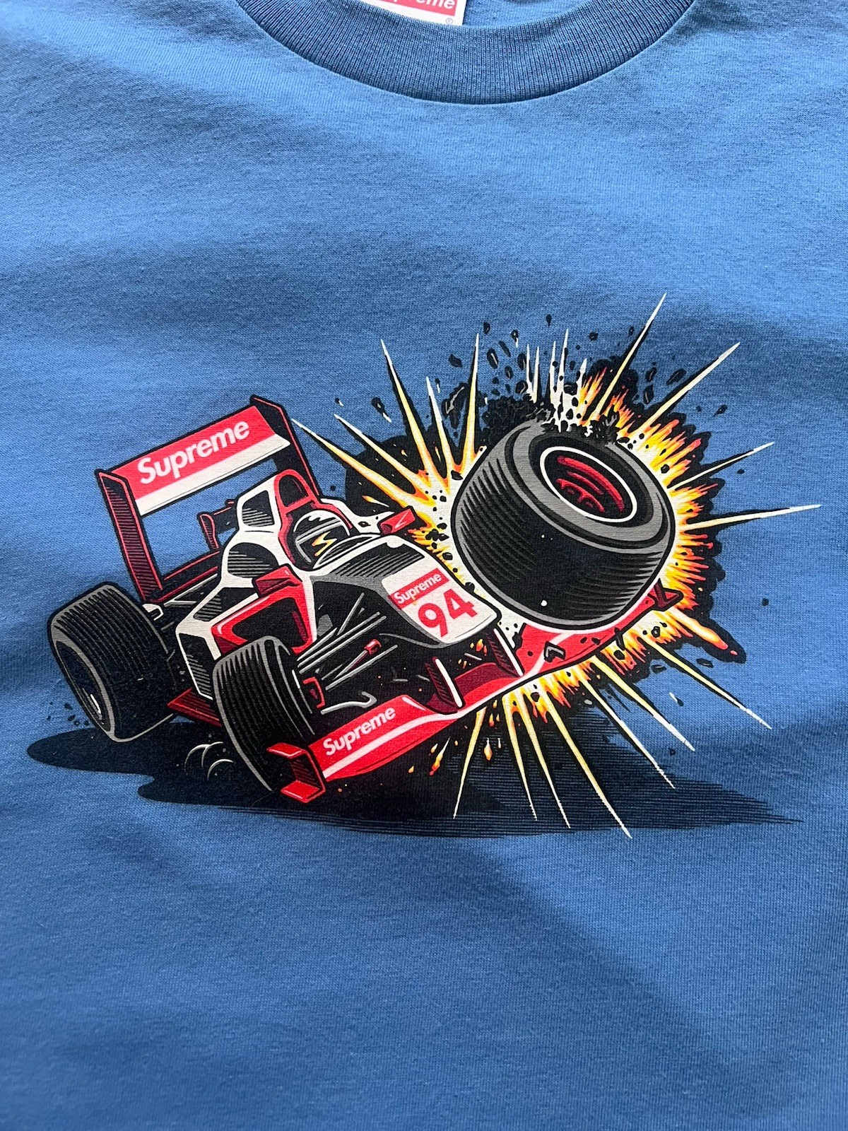 Supreme Men's Crash Tee T-Shirt Cornflower Blue Graphic F1 Car Size S (FW2021) gallery