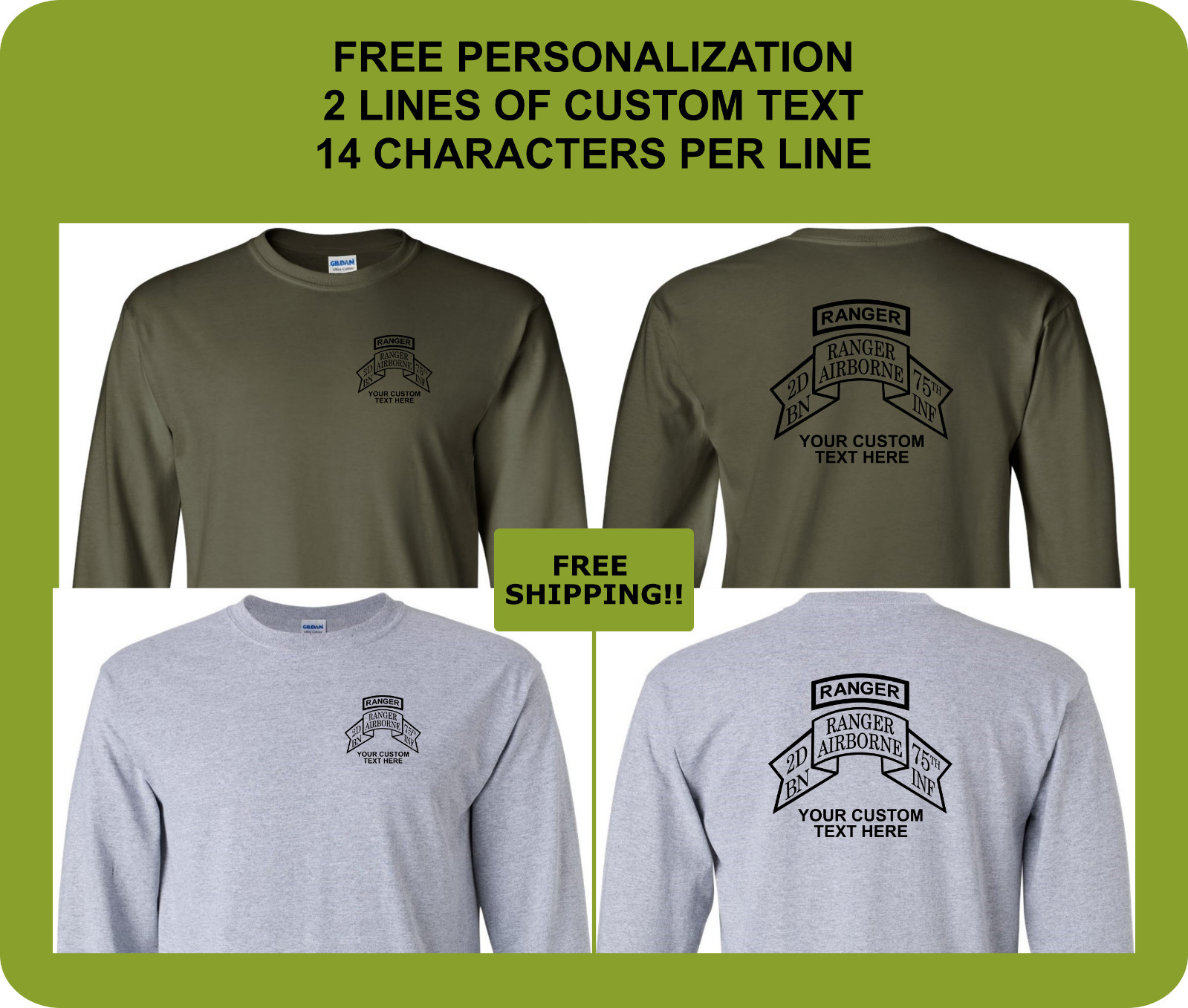 2nd Ranger Battalion Shirt, ARMY Ranger shirt, 75th Ranger Regiment, Long Sleeve