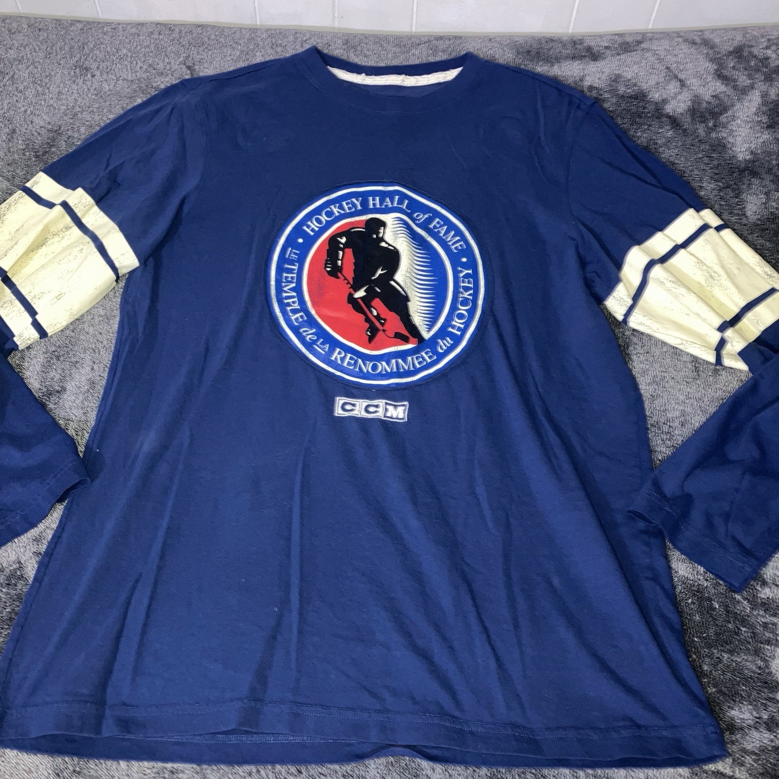 Vintage CCM Hockey Hall Of Fame Embroidered Longsleeve Shirt Mens Large Blue gallery