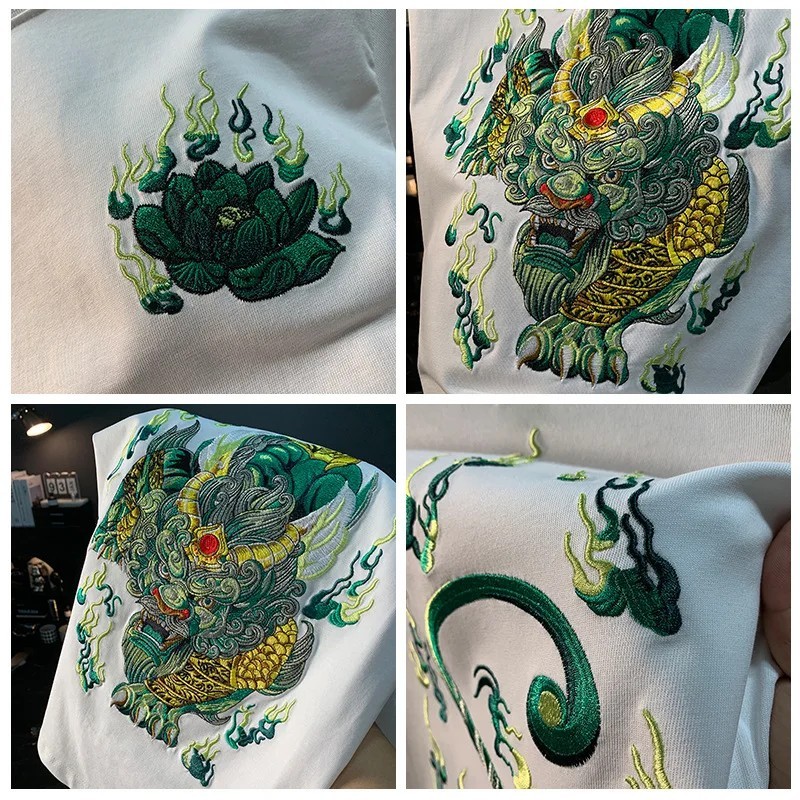 Men Embroidery Dragon Graphic T-Shirt Casual Short Sleeve Crewneck Cotton Tee gallery
