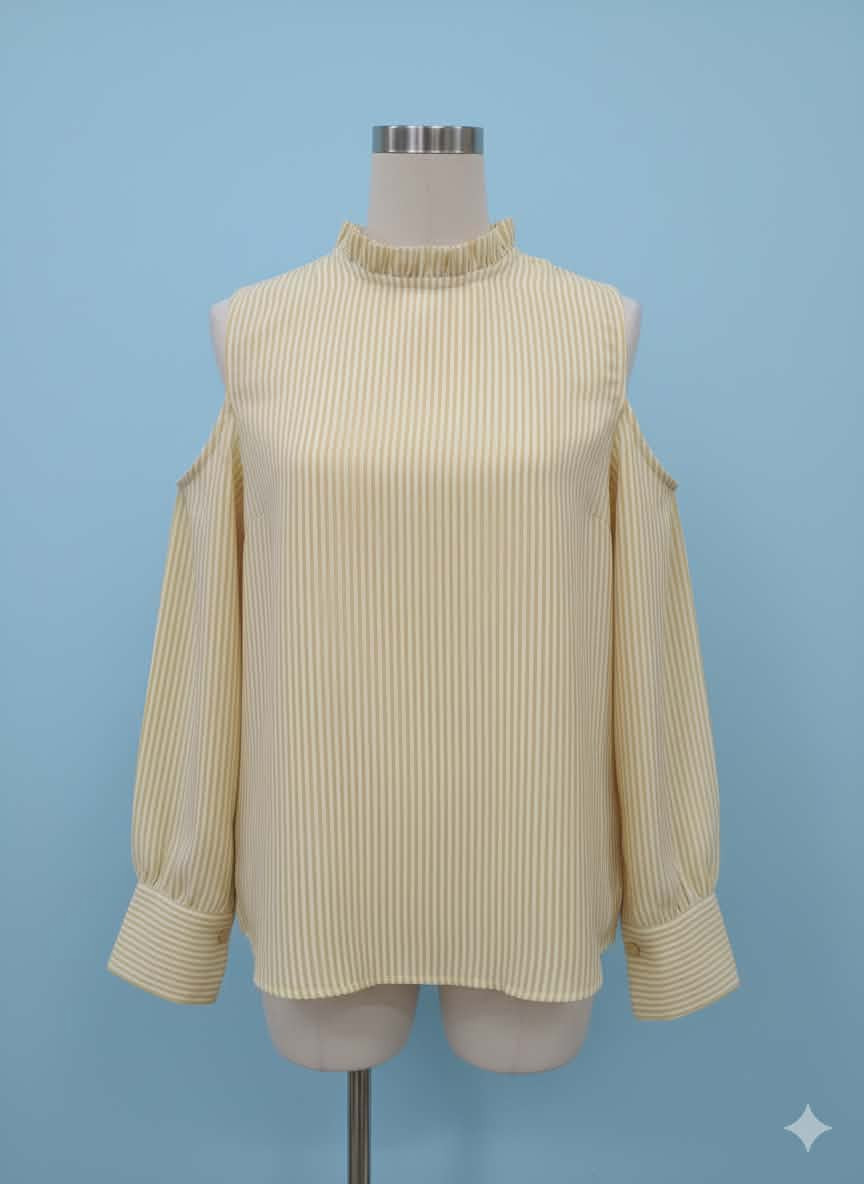 "Women’s Yellow Striped Cold Shoulder Long Sleeve Shirt – Stylish Casual Top" gallery