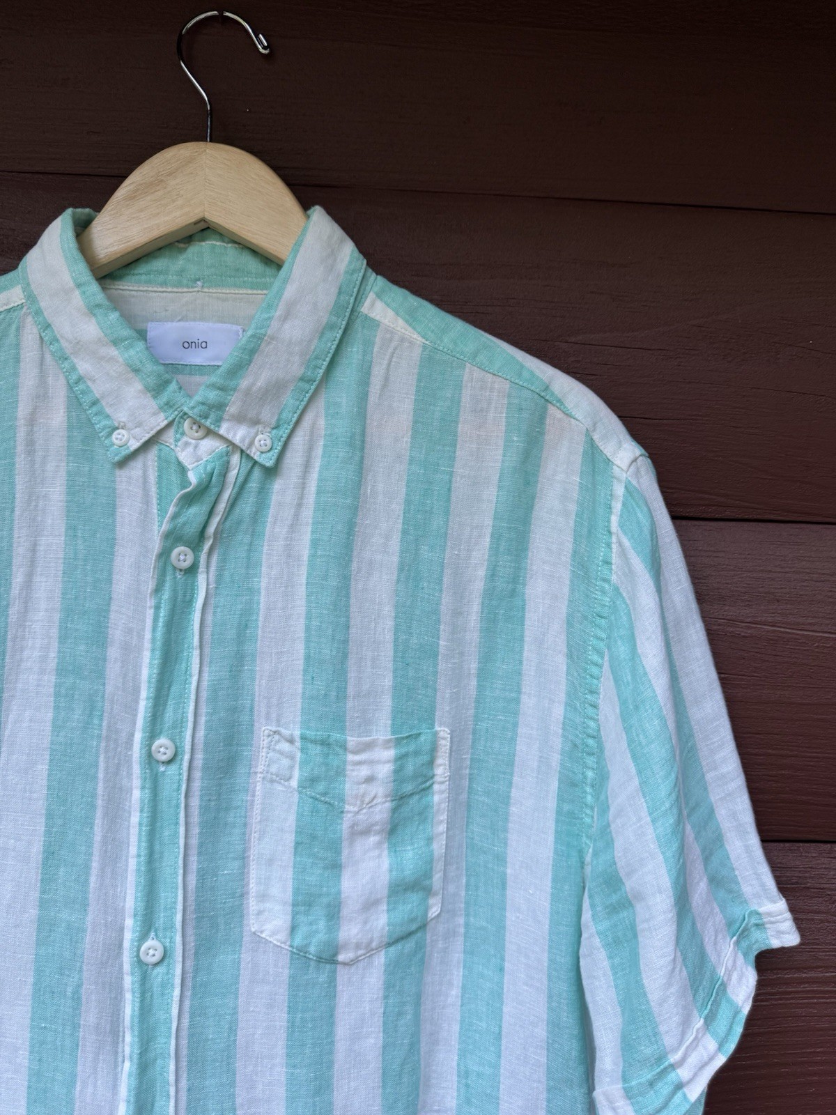 Onia Popover Mens Green Shirt Stripe 100% Linen Men Size Large Beach