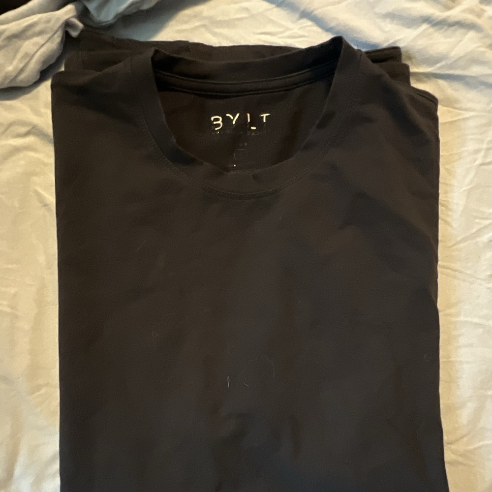 BYLT Men’s L Regular Black Solid Crew Neck Short Sleeve Logo Knit T-Shirt
