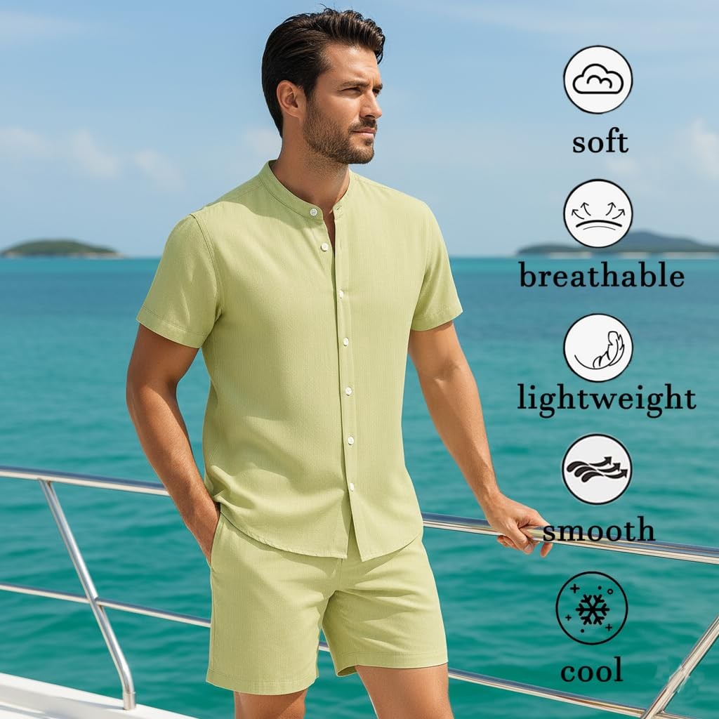 Men's Casual Stand Collar Button Shirt and Shorts Set - Hawaiian Beach Vacati... gallery