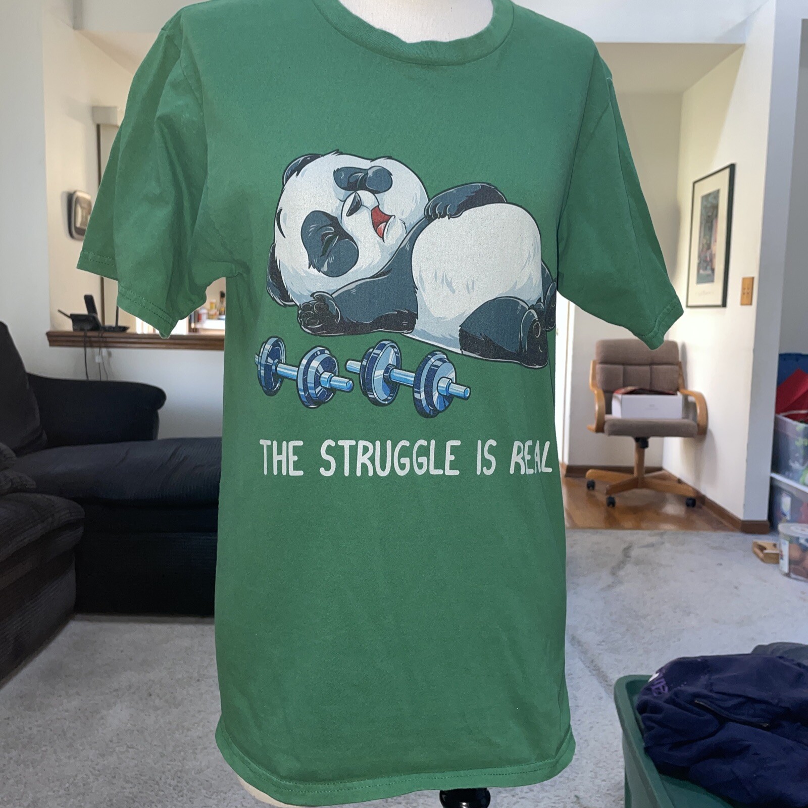 Port & Company Green T Shirt The Struggle Is Real Weightlifting Panda Size Small gallery