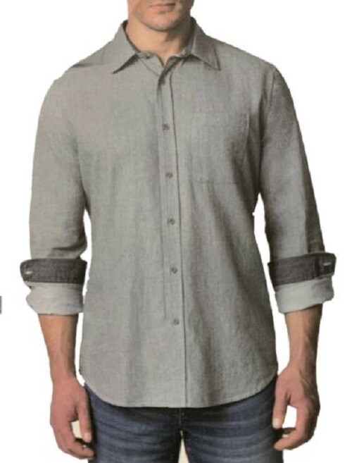 TAHARI MEN’S BRUSHED HERRINGBONE BUTTON DOWN SHIRT (LT GRAY/DK GRAY MEDIUM) NWT