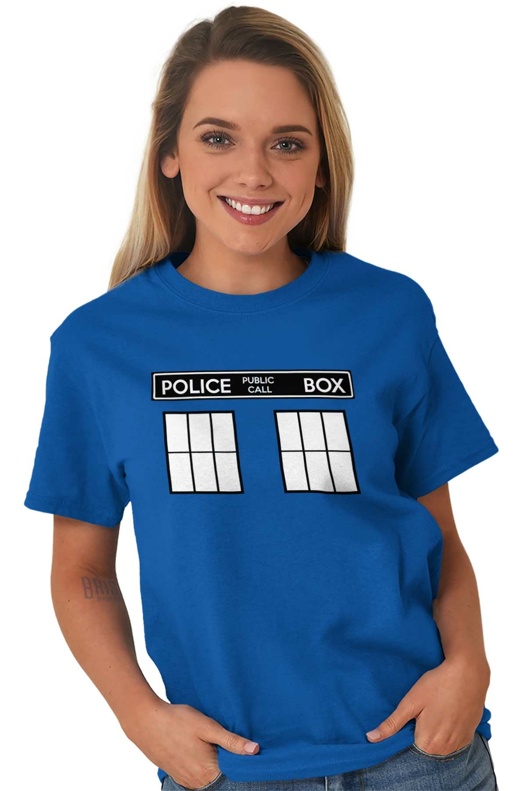 Police Box Time Travel Machine Who TV Show Womens or Mens Crewneck T Shirt Tee gallery