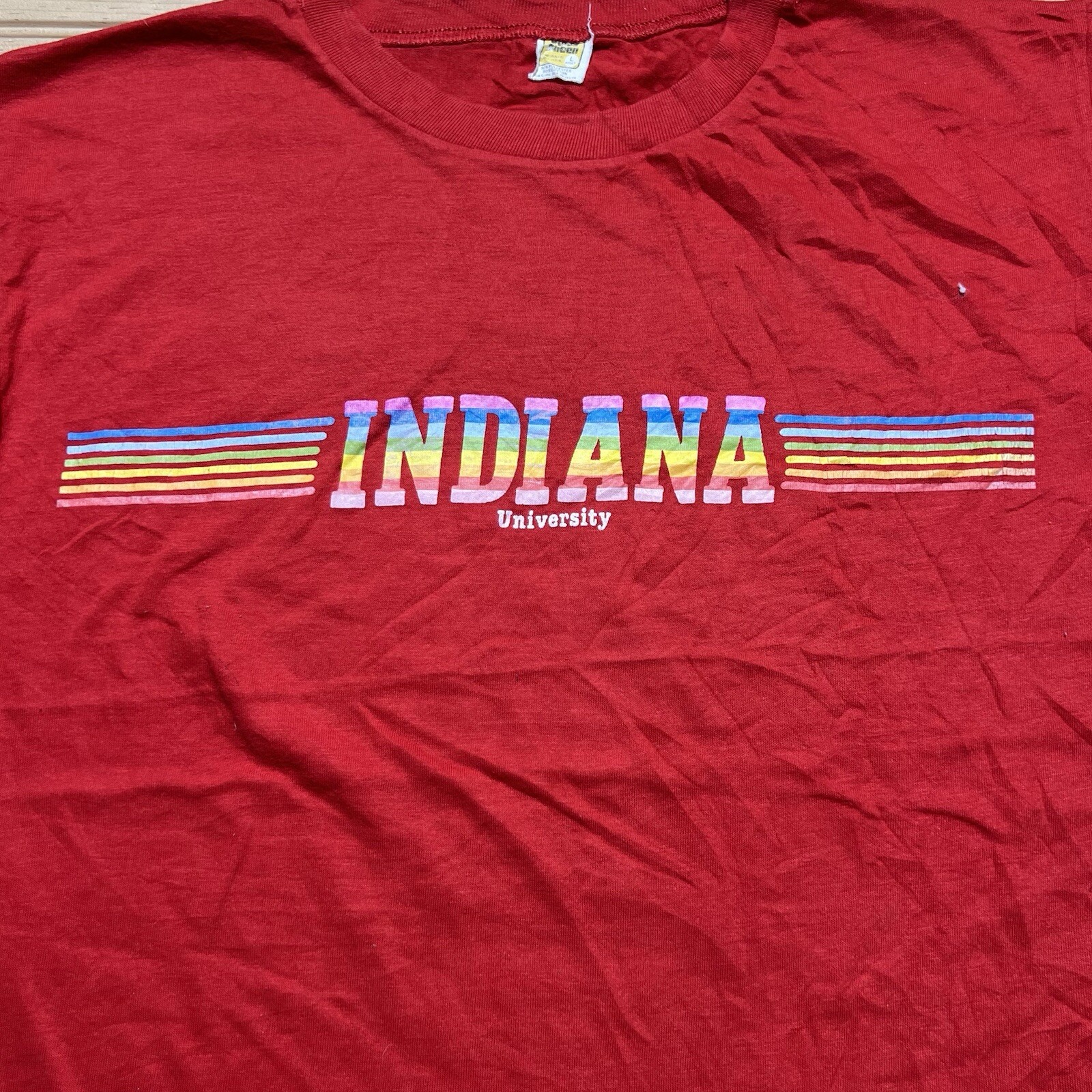 Vintage 70s 80s Indiana University Rainbow Multicolor Spell Out Shirt Size Large gallery