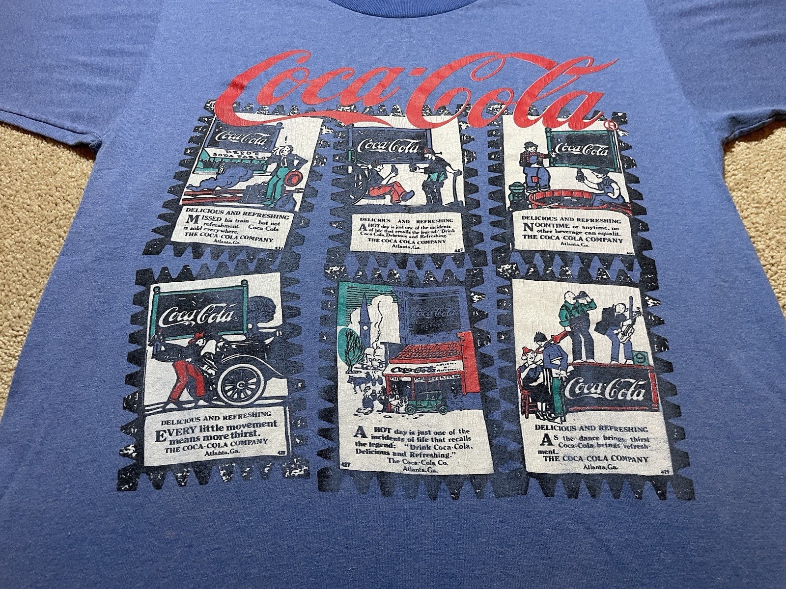 Vintage Coca-Cola Comic Cartoon Men's Blue T-Shirt Size Large Made in USA 90s gallery