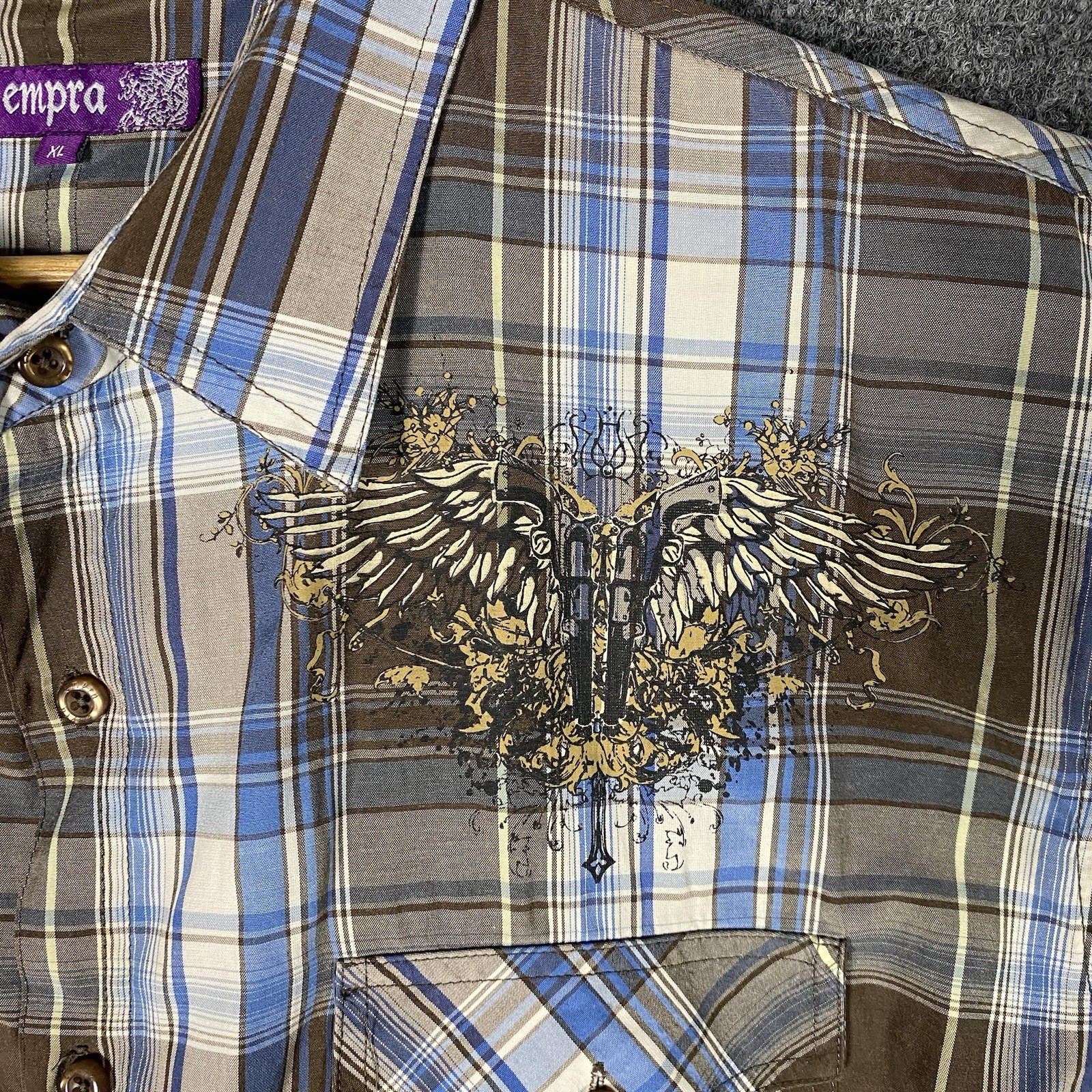 Empra Button Shirt Mens XL Brown Blue Plaid Cotton Y2K Grunge Angel Wings Pistol gallery