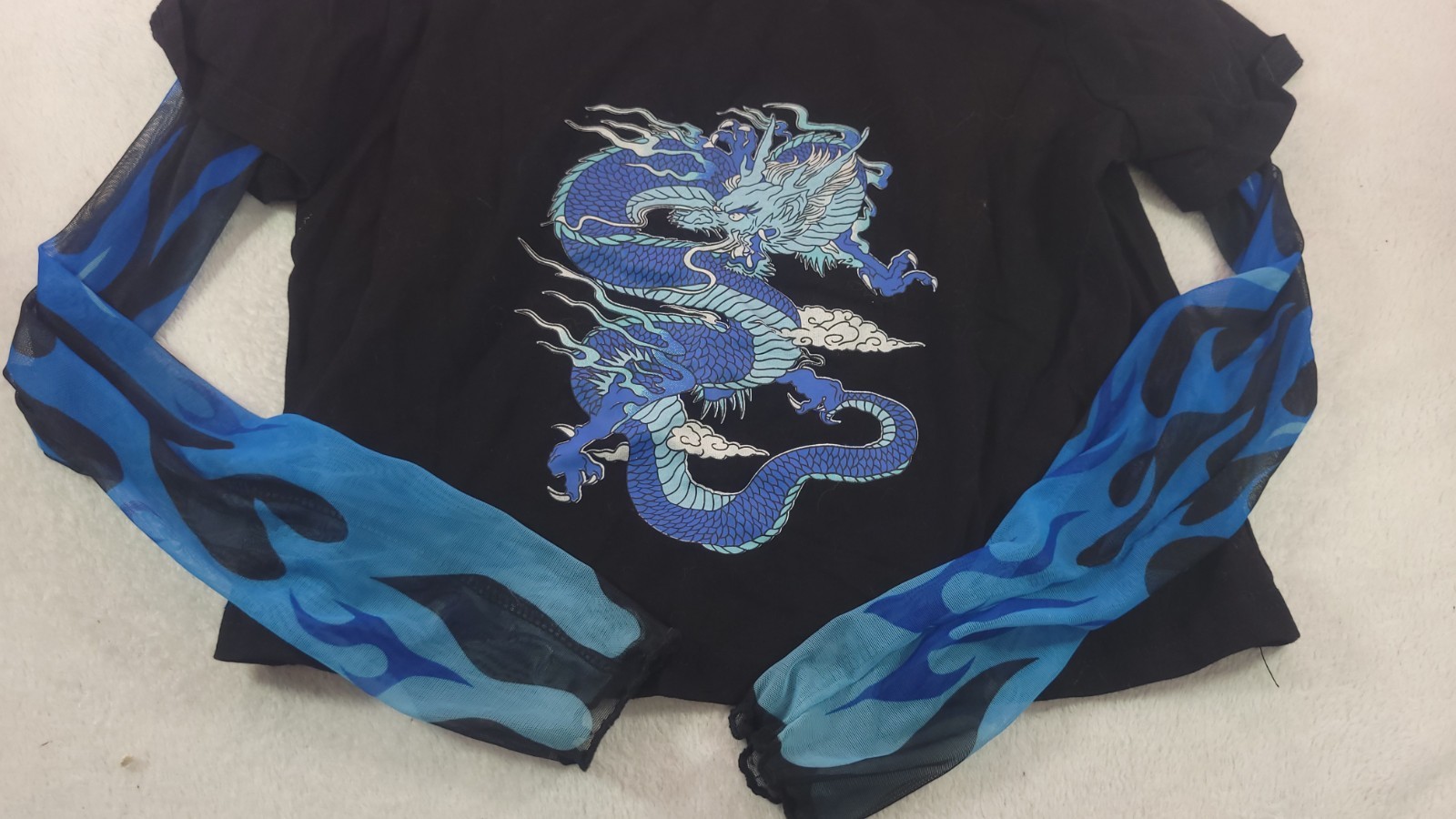 Dragon Print Mock Two Piece Mesh Panel Long Sleeve T-Shirt Blue Flame Y2K Sz S gallery