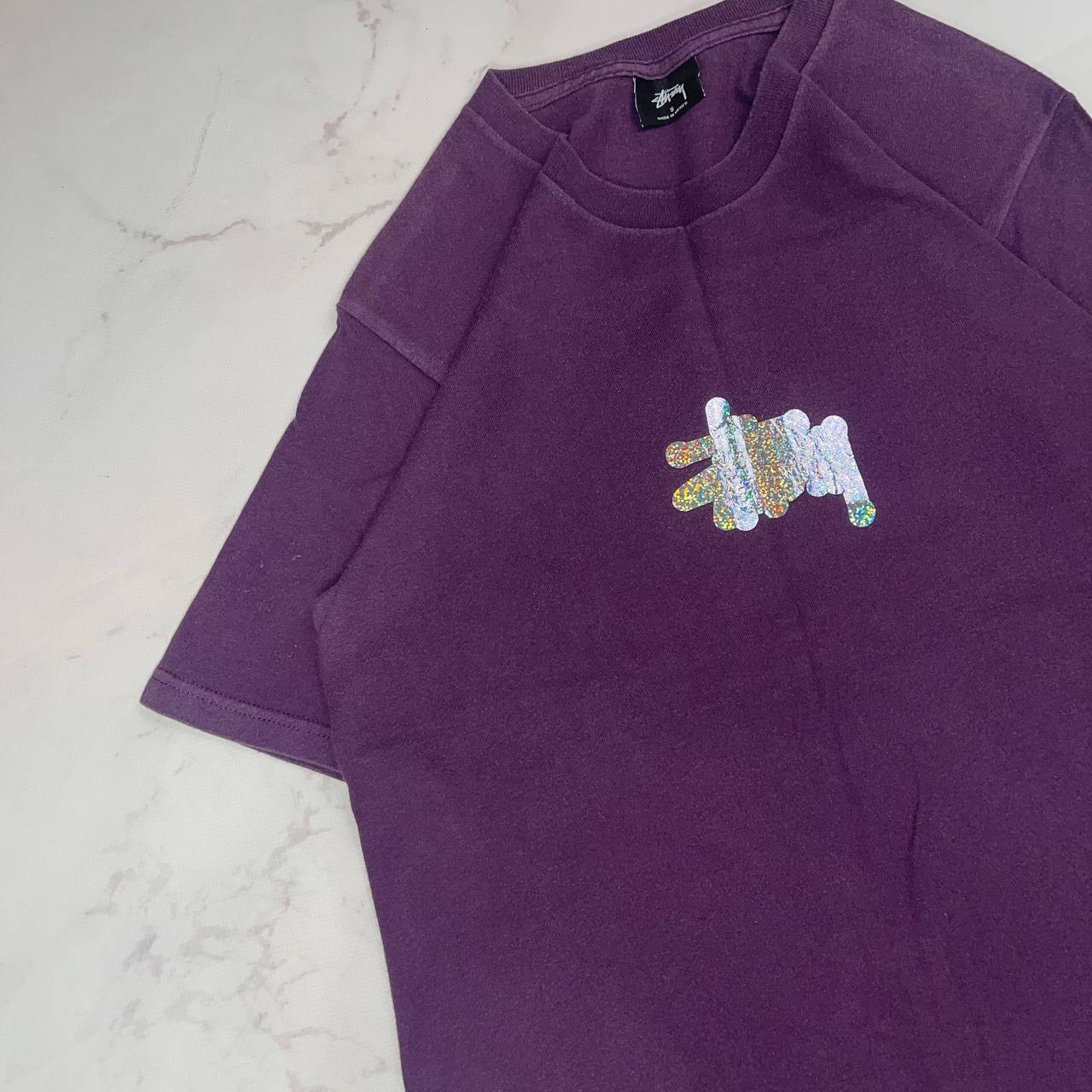 Vintage STUSSY T-Shirt Purple Glitter Logo Y2K Casual Tee Size S gallery