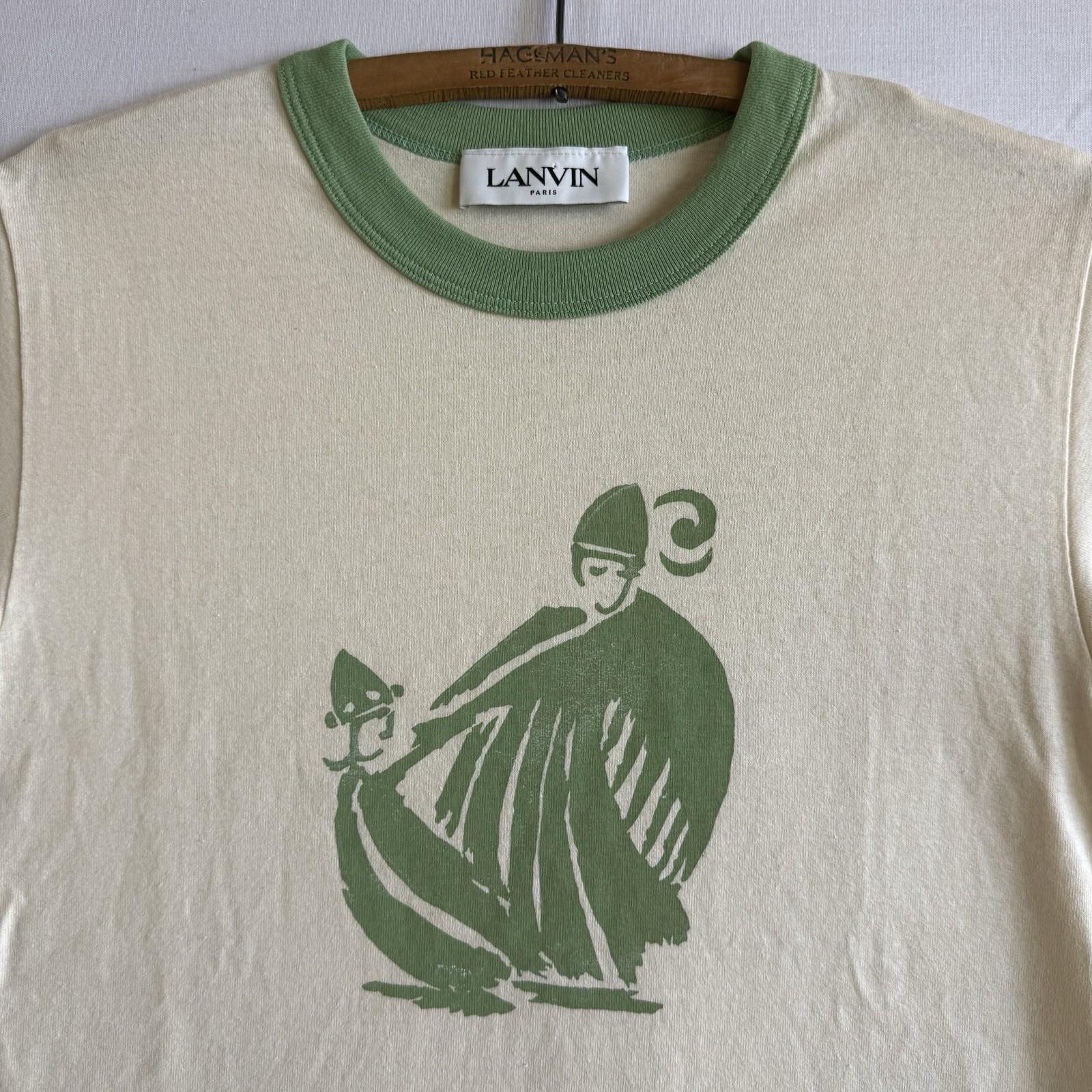 LANVIN Paris T-Shirt Beige Art Graphic Beige Green Ringer Italy Made (16x24.5”) gallery