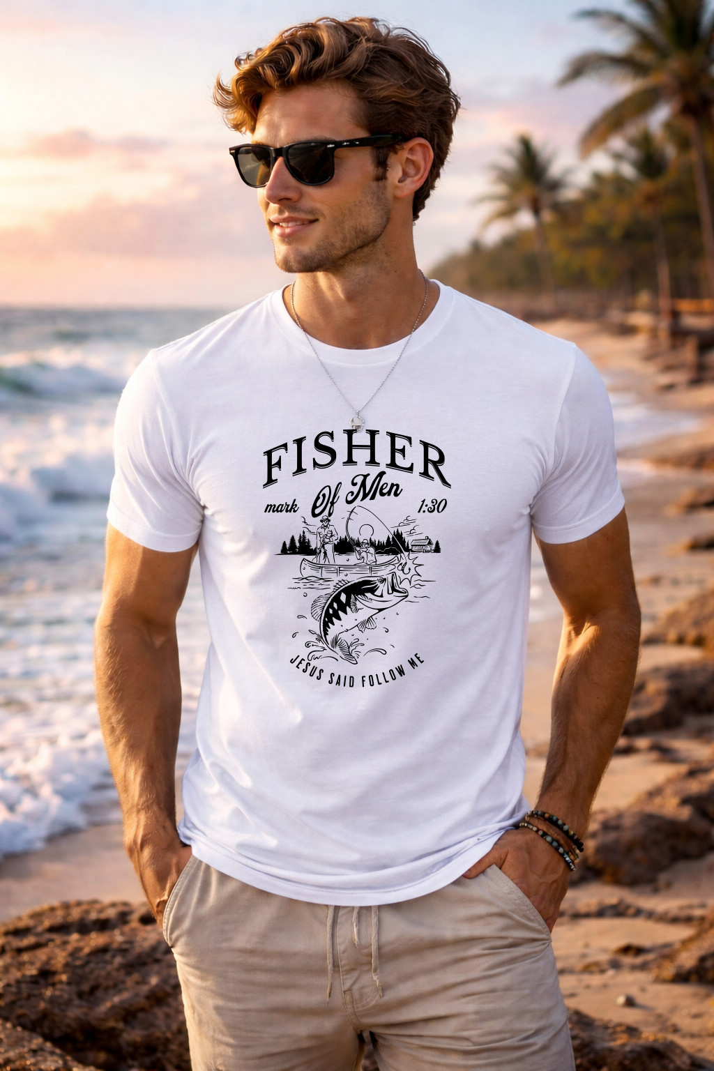 Fisher of Men T-Shirt Fishing Graphic Tee Christian Faith Shirt Outdoor Angler