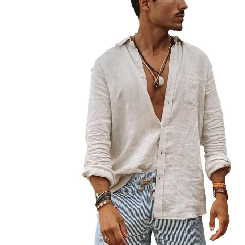 Casual Men Cotton Linen Shirt Long Sleeve Loose Blouse Button Down Shirts-Tops gallery
