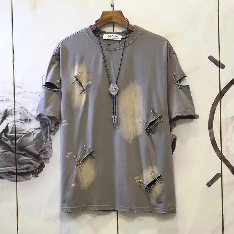 Men's Punk Rock Distressed T-Shirt Safety Pin Hollow Out High Street Hip Hop Top gallery